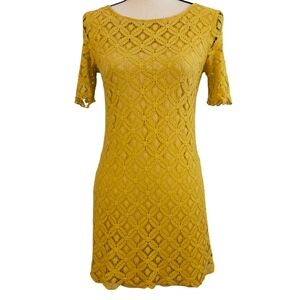 Criss Cross Mustard Yellow Lace Lined Dress, Zipper Back, Small